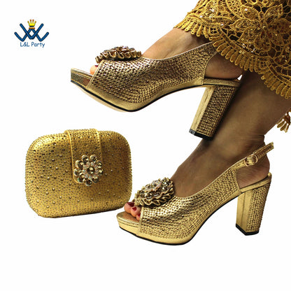 New Design Peep Toe African Spring Autumn Lady Shoes and Bag Set in Gold Color Women Sandal in Wedding
