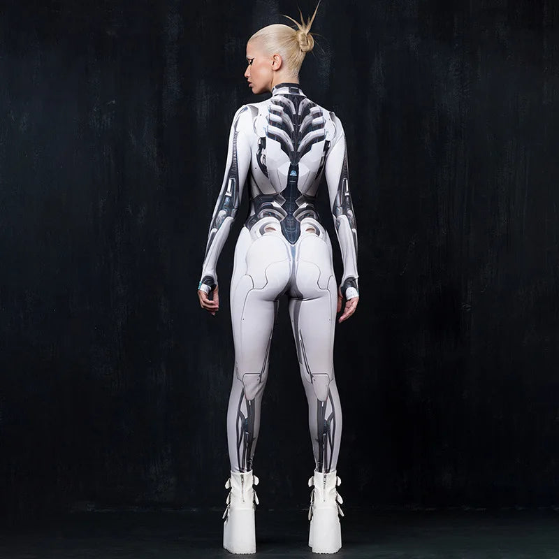 3D Printed Cosplay Bodycon Jumpsuits Y2k Techwear Long Sleeve Gothic Punk Playsuits Anime Women Mock Neck Zip Bodysuit
