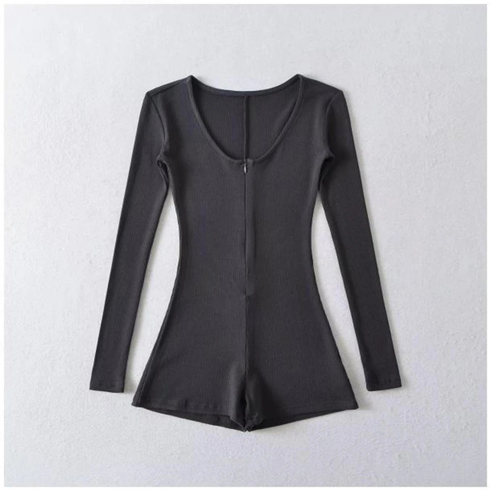 Women's Short Yoga Jumpsuits Long Sleeve Slim Fit Stretch One Piece Playsuits Sexy Fitness Female Shorts Zipper Sportwears