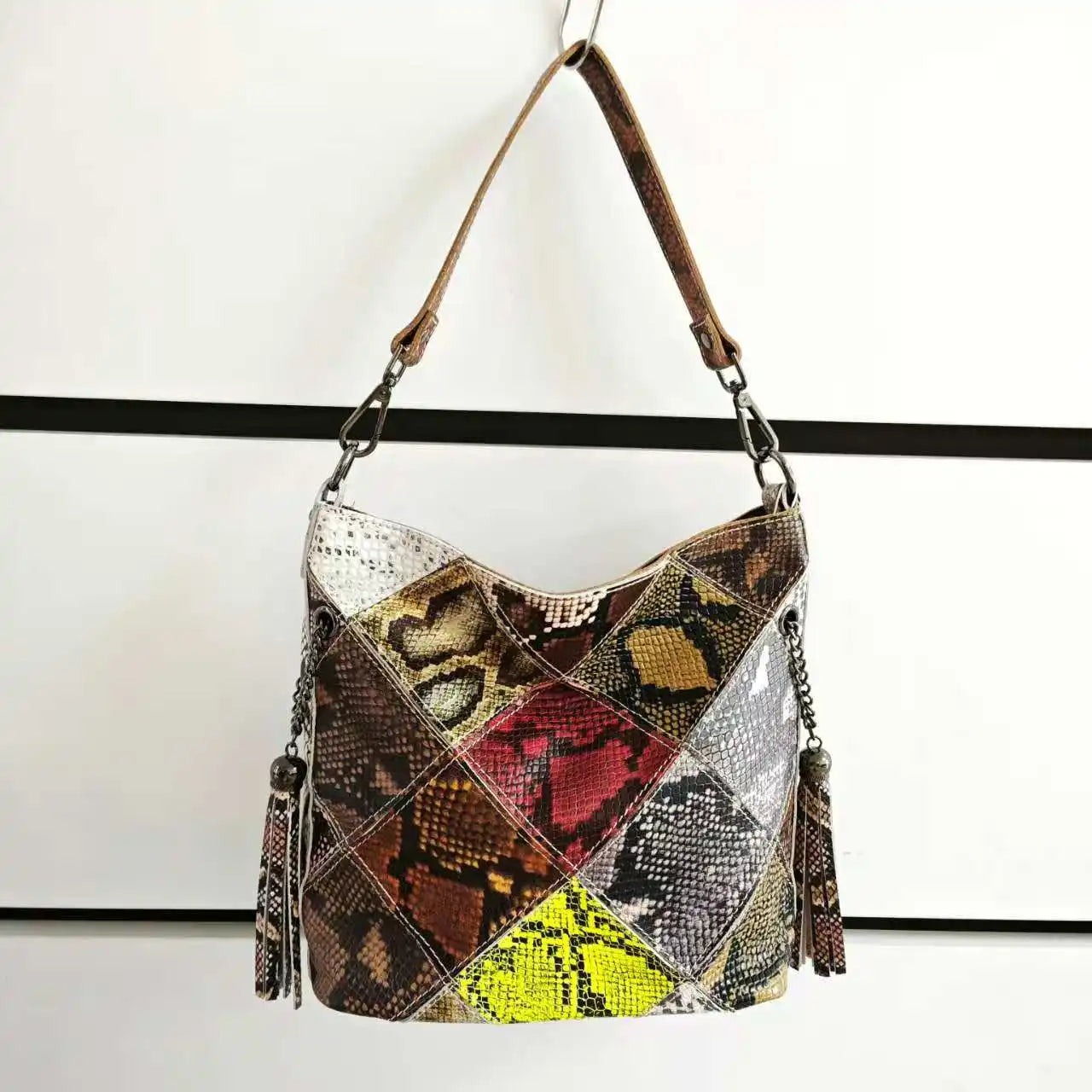Real leather Snake Patchowrk Designer Women's Handbags Color Block Shoulder Bags New Roomy Genuine Leather Crossbody Bucket Bag