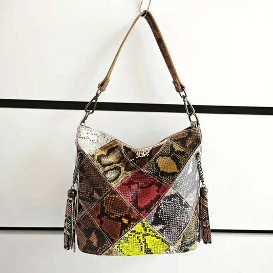 Real leather Snake Patchowrk Designer Women's Handbags Color Block Shoulder Bags New Roomy Genuine Leather Crossbody Bucket Bag