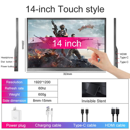 14inch Portable Monitor Touch Ultra-thin 1200P IPS USB-C HDMI External Second Screen for Laptop PC Cell Phone Switch PS4/5 Xbox