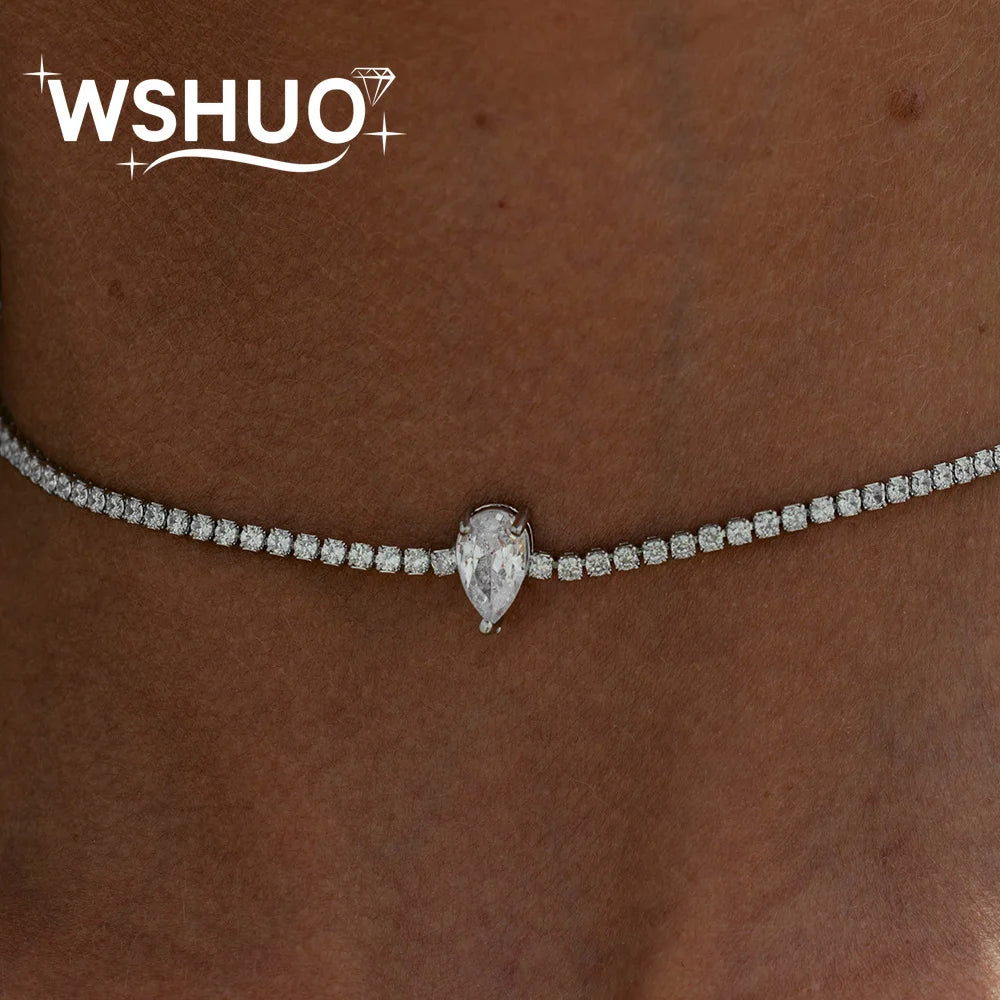 2mm Round Moissanite Riviera Tennis Necklace&Pear Cut Diamond Pendant Adjustable Choker for Women 925 Sterling Silver Jewelry
