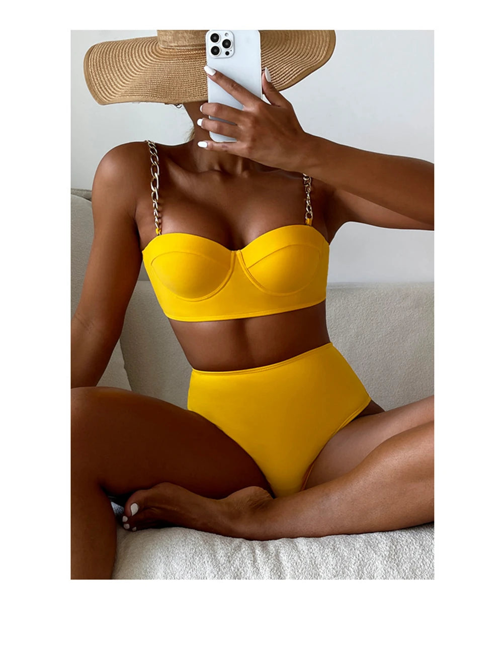 Push Up Bikini Hard Wrap Top Underwire Chain Shoulder Straps High Waist Bottom Swimwear Women Solid Swimming Beach Bathing Suit