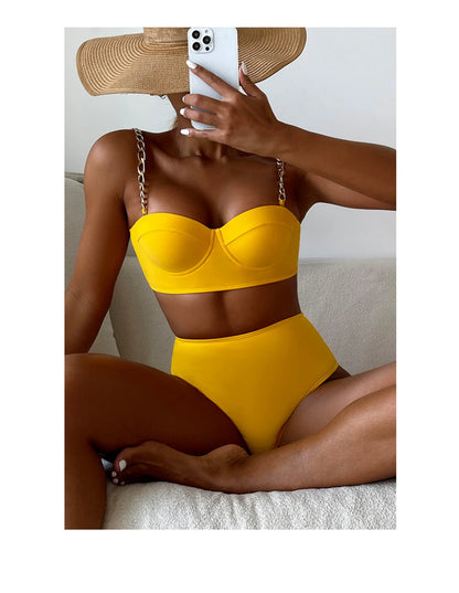 Push Up Bikini Hard Wrap Top Underwire Chain Shoulder Straps High Waist Bottom Swimwear Women Solid Swimming Beach Bathing Suit