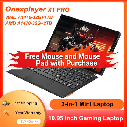 Onexplayer X1 pro 3-in-1 Mini Laptop A1470-32G+2TB Windows 11 10.95'' Gaming Laptop AI Camera 120hz HDMI Handheld GamePad Tablet