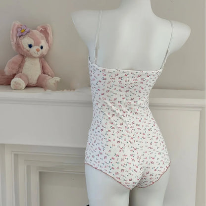 Summer Onesies Women Sexy Floral Print Bodysuit Lace Trim Sleeveless Slim Fit Jumpsuit Romper Underwear Nightwear Lingerie