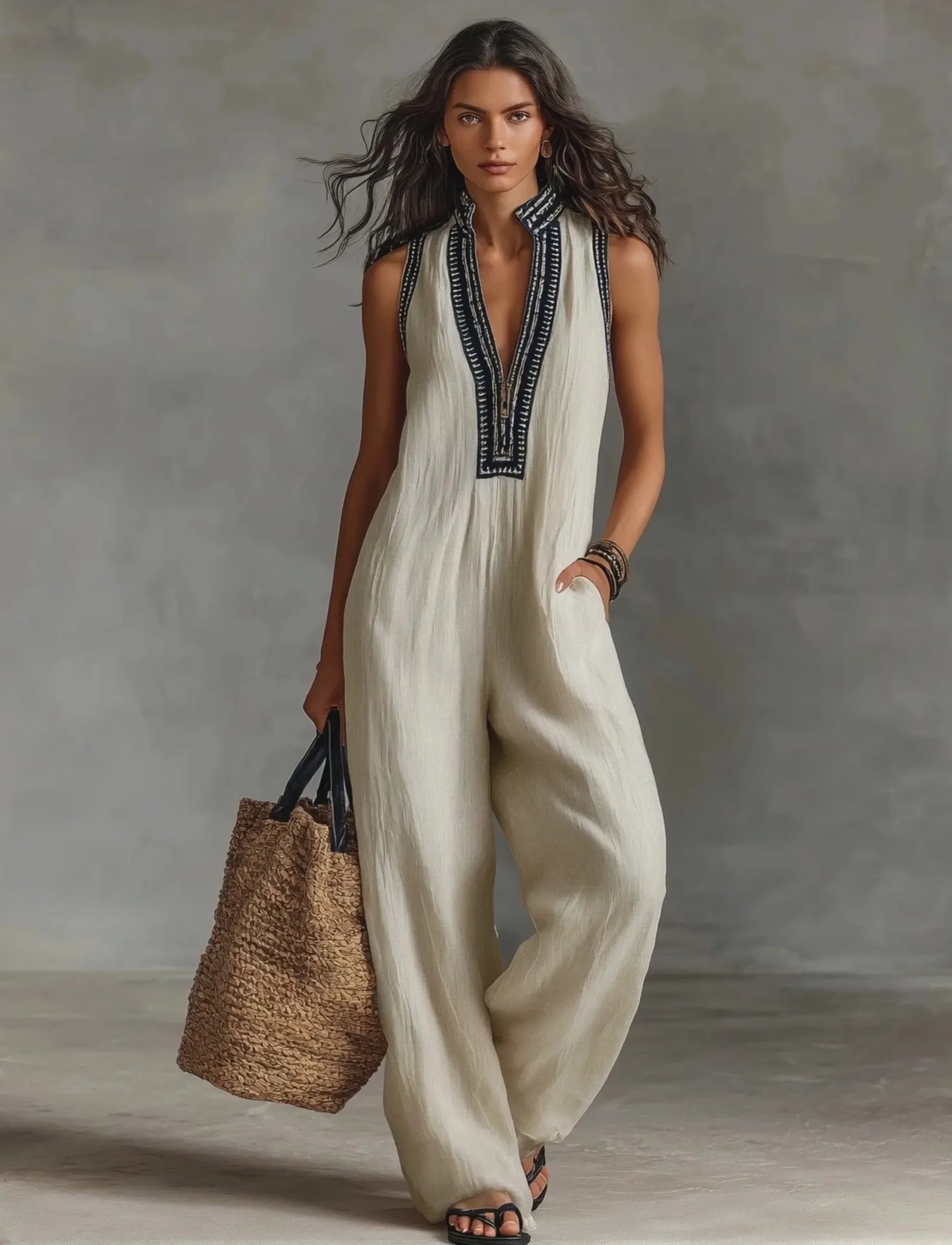 Sexy Deep V Neck Hollow Women's Jumpsuits Vintage Printed High Waist Slim Office Romper Spring Summer Sleeveless Pocket