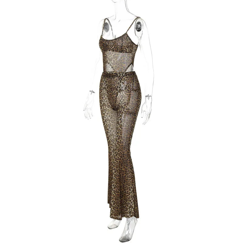 Shestyle Leopard Mesh Sexy Women Two Piece Sets Spaghetti Strap Bodysuit Flare Pants Sheer Brown Sexy Clubwear Waistless Outfit