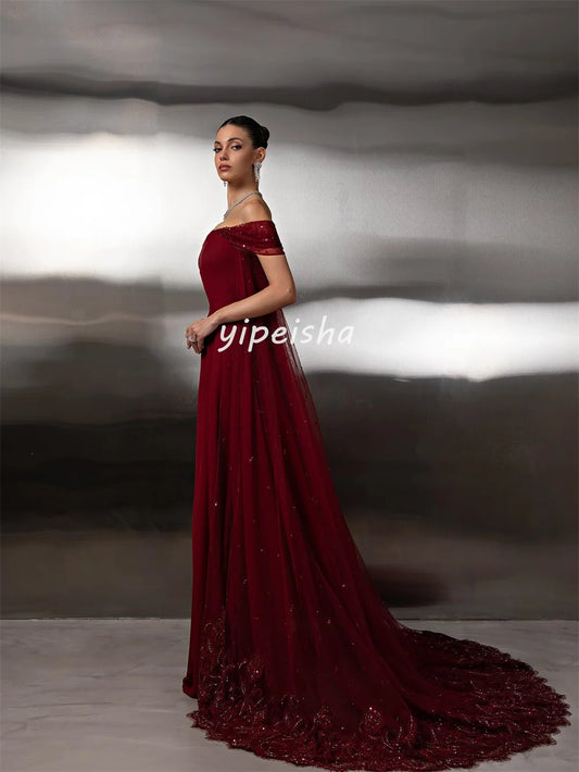 Customized Sparkle Intricate Chiffon Sequined Beading A-line Off-the-shoulder Long Dresses Bespoke Occasion Dresses High Quality