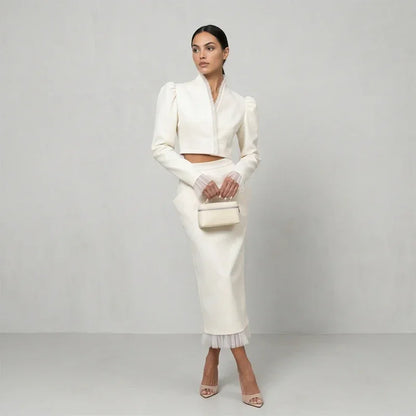 White Women's mesh two piece set Puff Sleeve V Neck blazer two piece dress set Daily Commuter Party  Outfit 2026 Summer Style