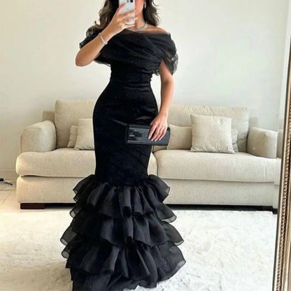 Flechazo Tulle Off the Shoulder Evening Dress with Pleat and Tiered Mermaid Floor Length Short Sleeve Party Customized Gown