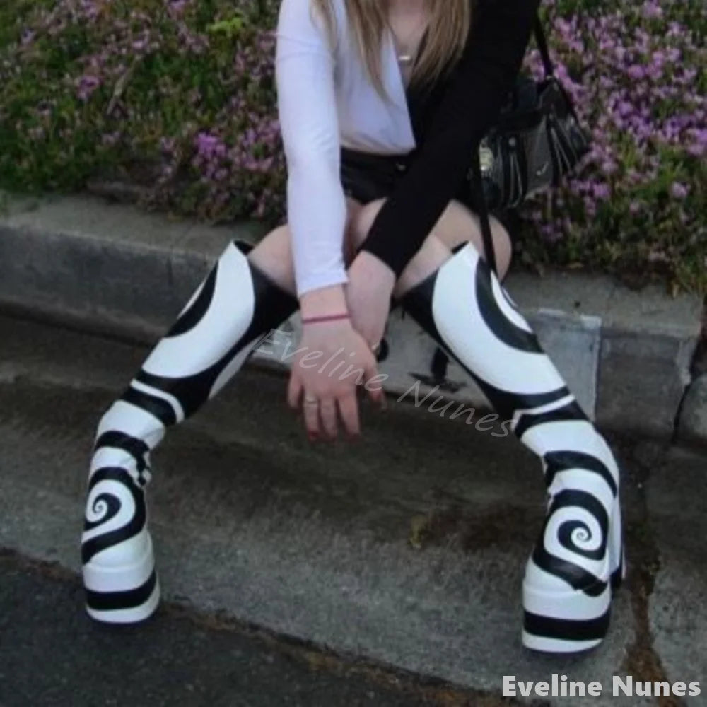 Black White Turbine Pattern Platform Boots Women Round Toe Chunky Heel Side Zipper Knee High Boots 2025 New Design Stretch Boots