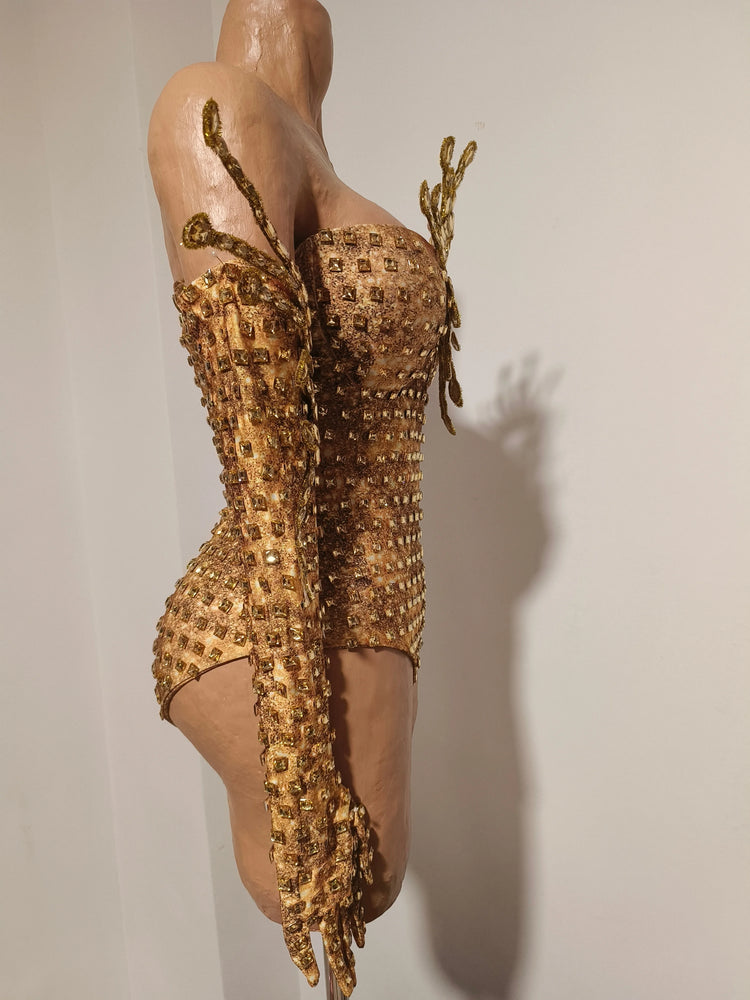 Sexy Sparkly Golden Rhinestones Eyes Stretch Bodysuit Women Eveing Birthday Party Nightclub Bar Singer Dancer DJ Stage Costume