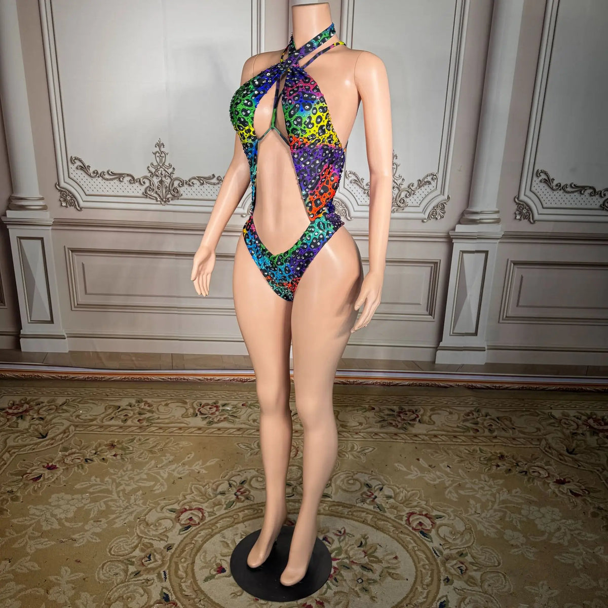 2026 New Color Leopard Print Waterdrop Beads Hollow Strap One-Piece Swimming Suit for Beach Vacation and Tight-Fitting Swimwear