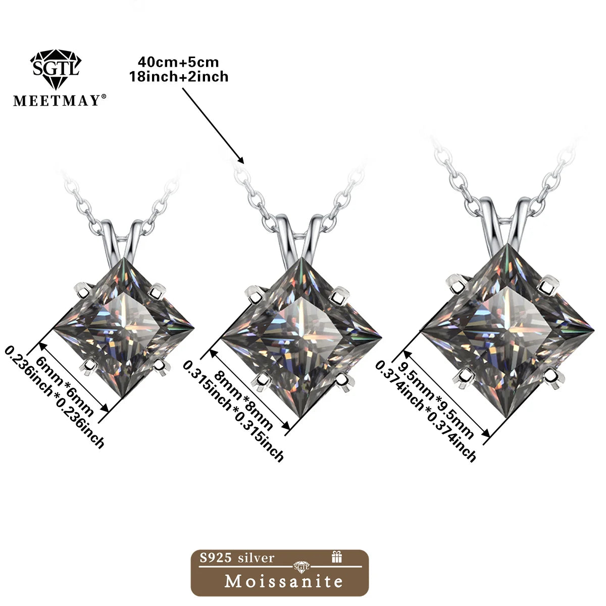 BOCARMAN S925 Sterling Silver Necklace with Colorful Princess Cut Moissanite Inlay Clavicle Chain Pendant for Women Gift