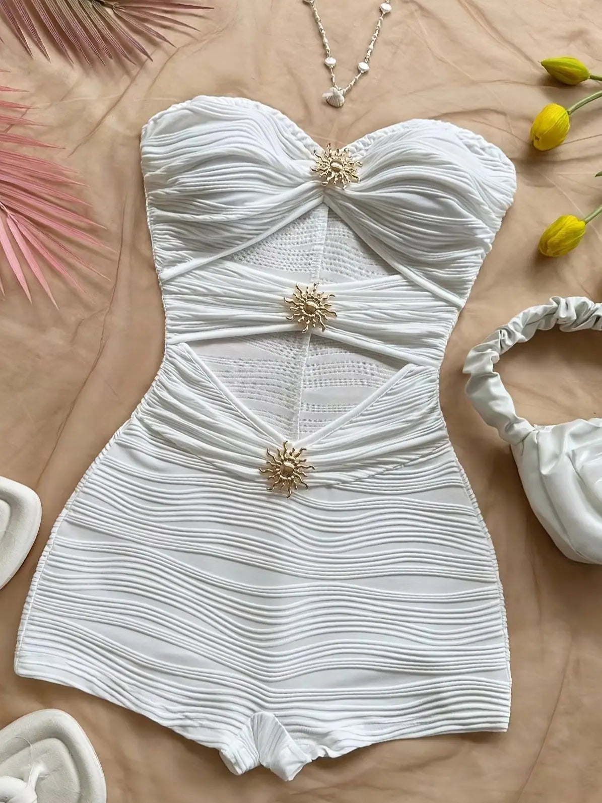 Summer White Bodycon Romper, Strapless with Sun Metal Accents