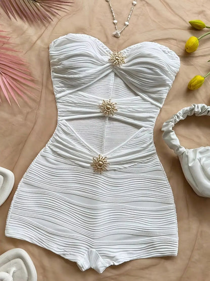 Summer White Bodycon Romper, Strapless with Sun Metal Accents
