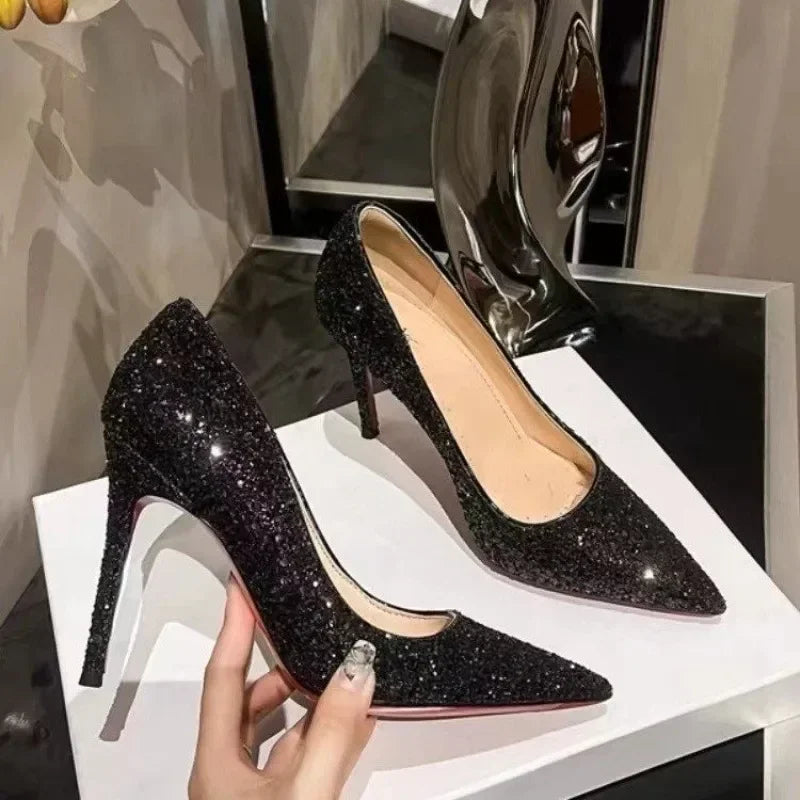 Large Size 2025 Stiletto High Heels Fashionable Sexy Sequins Banquet Professional Ladies Shoes High Heels Single Shoes
