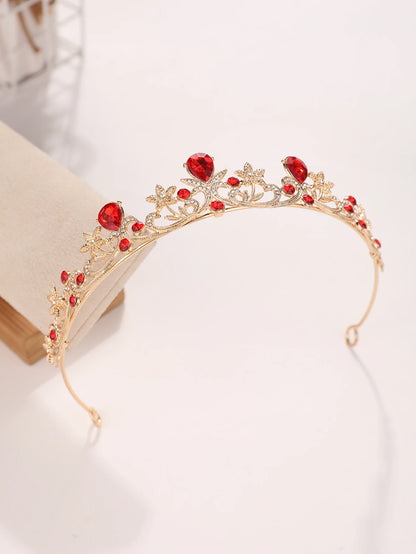 Golden Rose Gold Red Diamond Crown for Bridesmaid Headpiece Light Luxury Style Red Crystal Hairband. Wedding Dress, Formal Wear