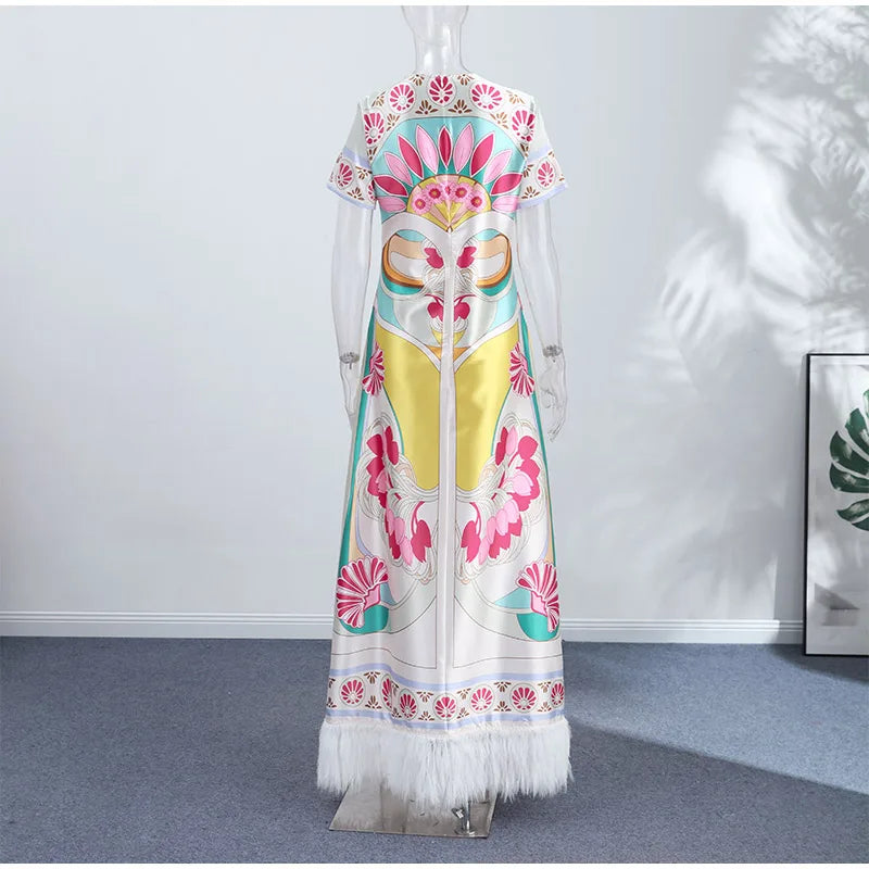 Women Art Floral Print Feather Hem Maxi Dress Short Sleeve Crew Neck Loose Fit Dresses 2026 Summer Fashion Elegant Lady Outwear