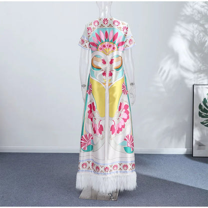 Women Art Floral Print Feather Hem Maxi Dress Short Sleeve Crew Neck Loose Fit Dresses 2026 Summer Fashion Elegant Lady Outwear