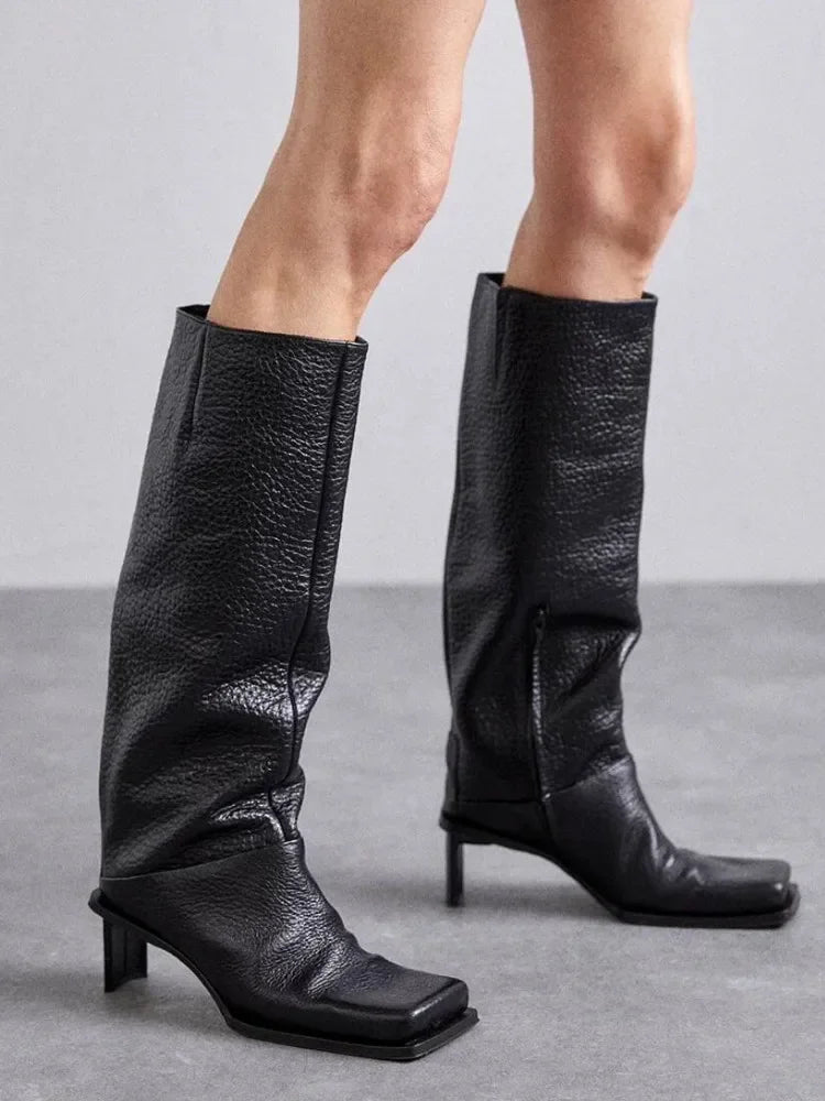 2026New Fashionable Square Head High Heels Women's Knee Length Boots with Side Zipper Stone Pattern Women's Mid Length Boots