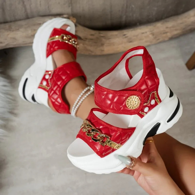 Summer New Women Wedge Sandals 2026 Fashion Metal Decor Solid Thick Bottom Female Shoes Trendy Casual Comfort High Heel Sandals