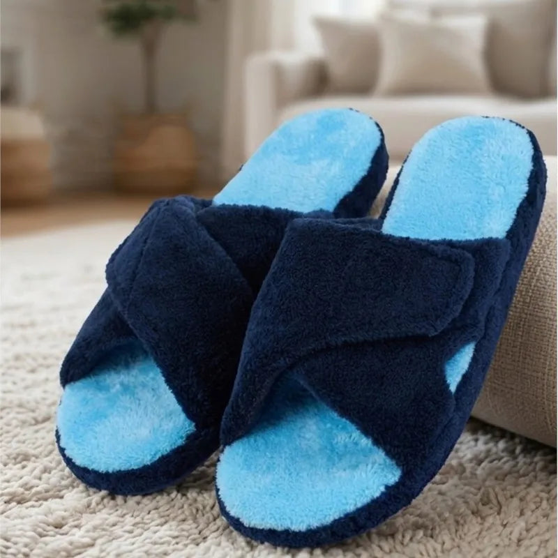 Smile Popcorn Women Adjustable Cross Strap Slippers Soft Fleece Two-tone Open Toe Non Slip Cozy Memory Foam Indoor House Slides