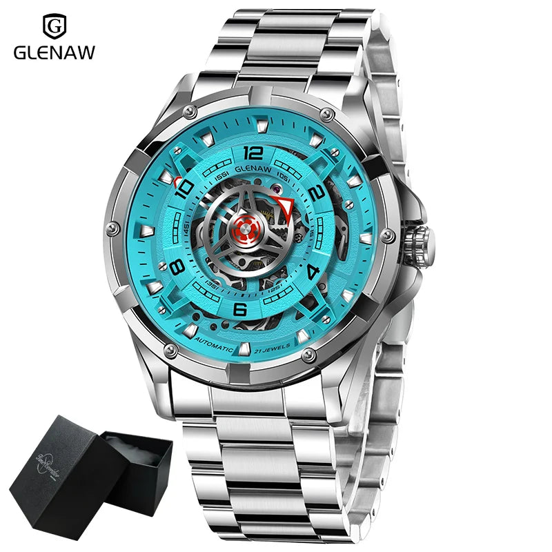 GLENAW Men Mechanical Watches Casual Outdoor Wristwatch Men Top Luxury Automatic Hollowed Watch Male Stainless Steel Waterproof