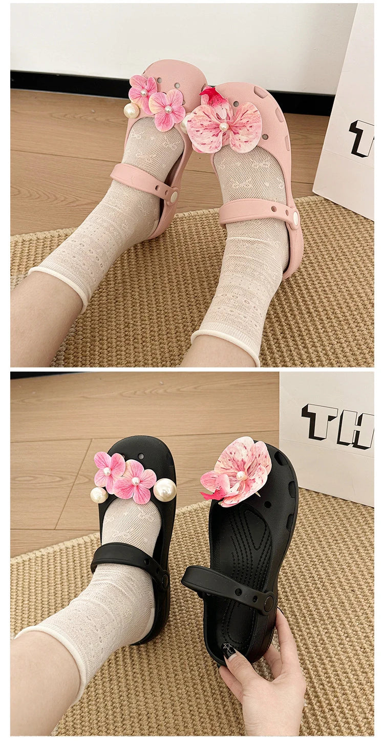 Clogs Summer Slippers Women Luxury Pearl Metal Flower Mary Janes Designer Ballet Shoes Girls Corc Charms Sandals Indoor Outdoor