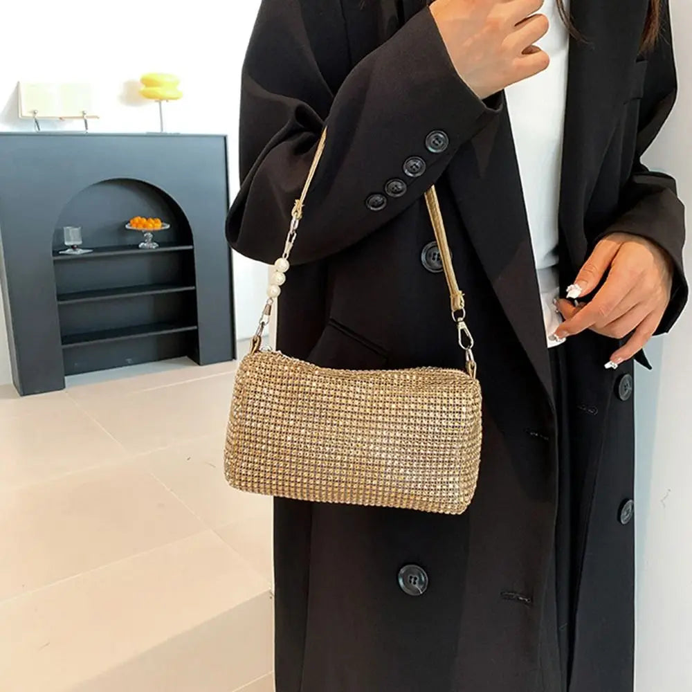 Allover Rhinestone Bucket Bag Waterproof Lightweight Women Crossbody Bag Mini All-match Glitter Chain Prom Purse for Ladies