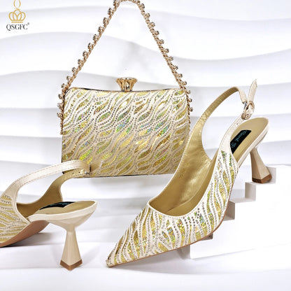 QSGFC New Arrival Fashion Shoes Matching Bag Set Royal Blue Color Decorated with Crystal Ladies Wedding Party Women High Heel