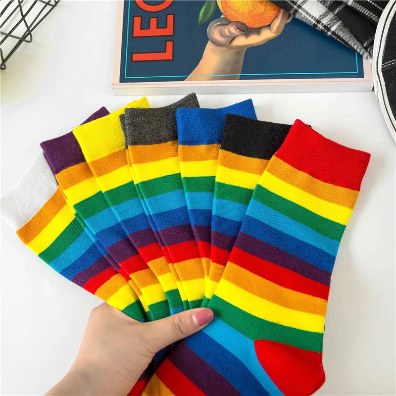 Rainbow Striped Socks Colorful Fashion Women Middle Tube Long Socks Trendy Candy Colors Breathable Cotton Casual Sport Socks New