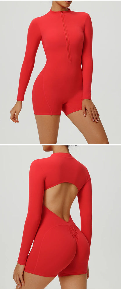 Women V-Back Sports Overalls Zipper Workout Jumpsuit Gym Fitness Suits Sports Bodysuits Female Running Tracksuit Sportswear