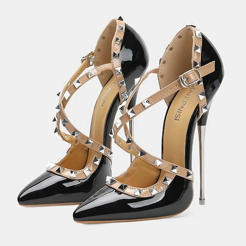 Women Rivet Cross Strap High Heel Sandals Sexy Pointed Toe Single Shoes for Nightclub Party Host Model Catwalk Cross Dressing