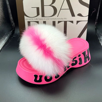 Real Fox Fur Slippers for Woman Luxury 2025 Slippers Summer Woman Sandals Thick Sole Pink Fur Slippers Fluffy Slides for Woman