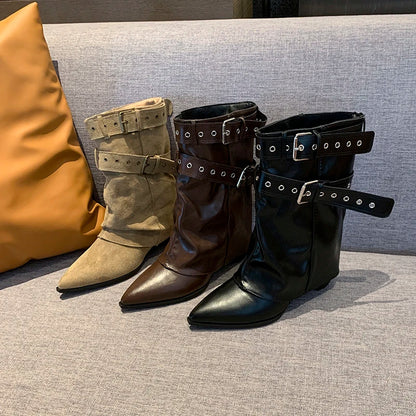 2025 Pointed Toe Women's Winter Boots Designer Mid Heels Elegant Shoes Pumps Fashion Boots New Trend Dress Gothic Ladies Boots