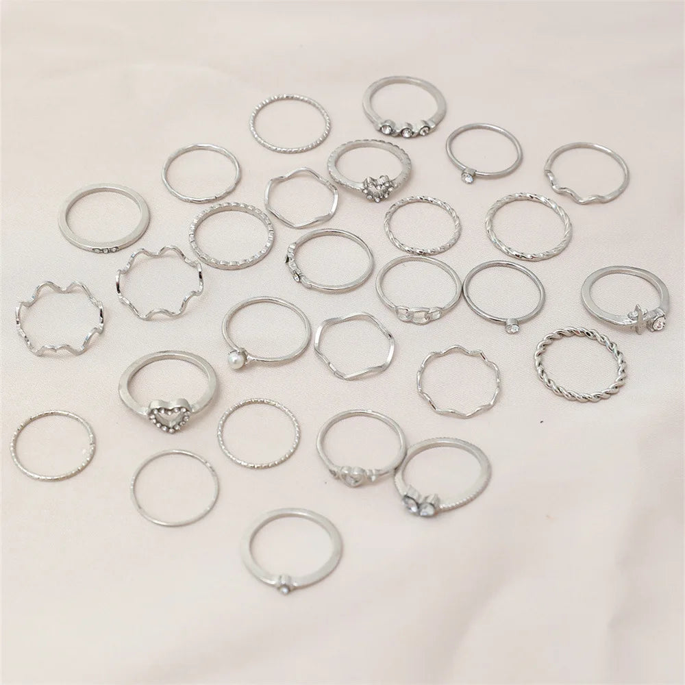 28Pcs Fashion Geometric Knuckle Rings Set For Women Crystal Heart Gold Silver Color Rings Girls  Party Jewelry Accessories