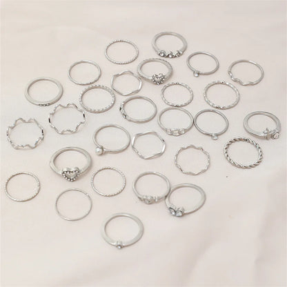 28Pcs Fashion Geometric Knuckle Rings Set For Women Crystal Heart Gold Silver Color Rings Girls  Party Jewelry Accessories