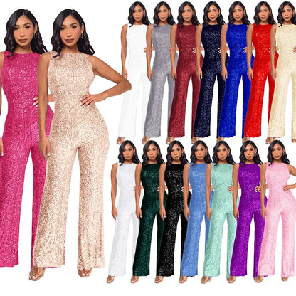 Bling Bling Sequined Club Jumpsuit Sexy Women O-neck Elegant Shiny Sliver Gold Sequins Straight Romper Overalls