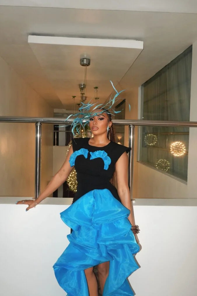 Black Blue Prom Dress Long Layered Organza Evening Gowns Straight Elegance Draped Party Dress Side Split