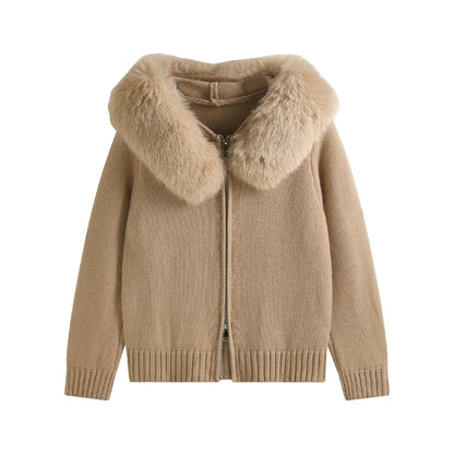New 2026 Winter Sweater Coat Women Hooded Cardigan Fur Collar Hooded Knit Thicken Warm Women's Coats Chic Casual Outwear Coats