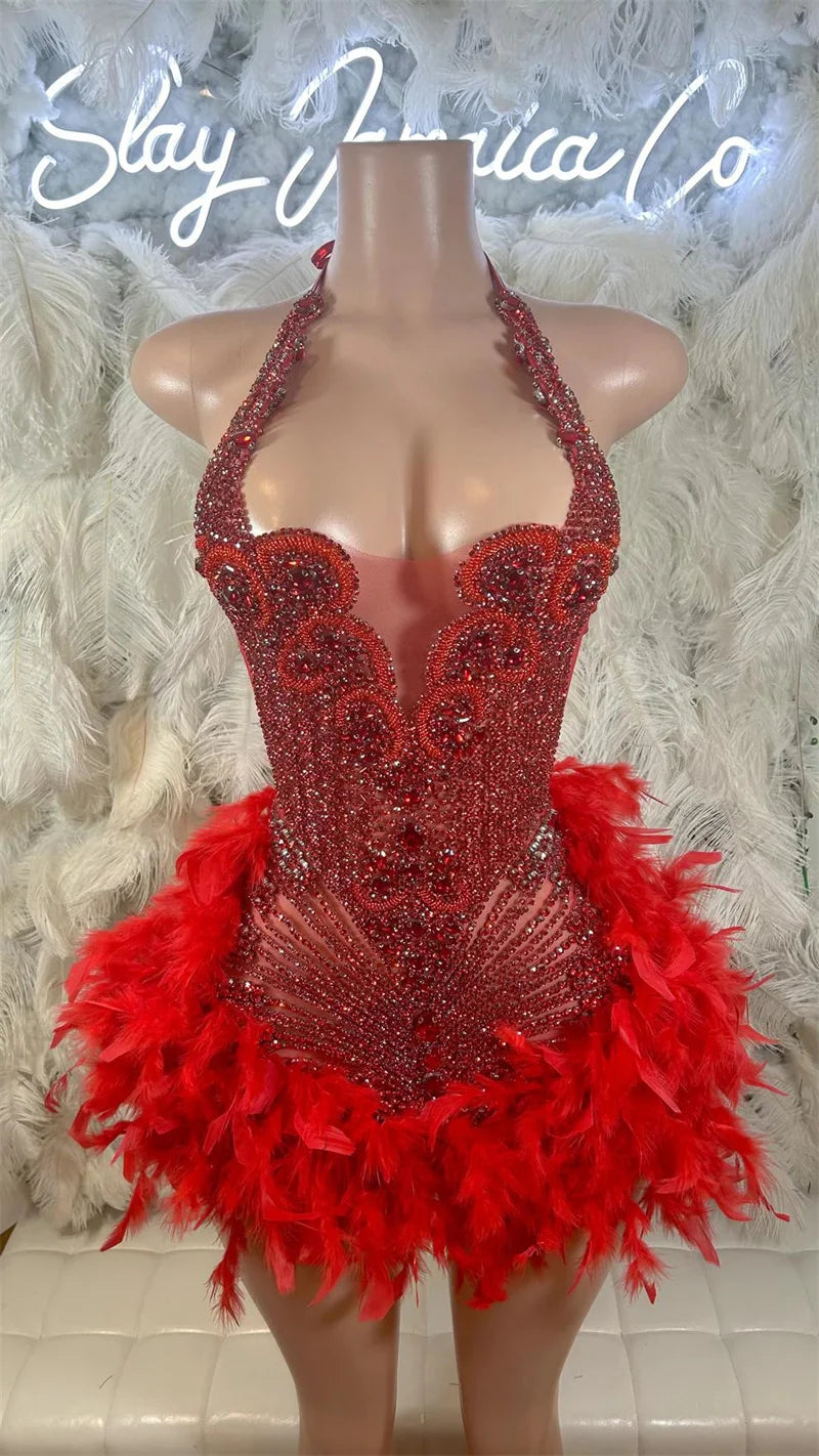 Glitter Pink Crystal Short Prom Dress For Black Girl Homecoming Senior Cocktail Dress Birthday Party Gown Feathers Customized