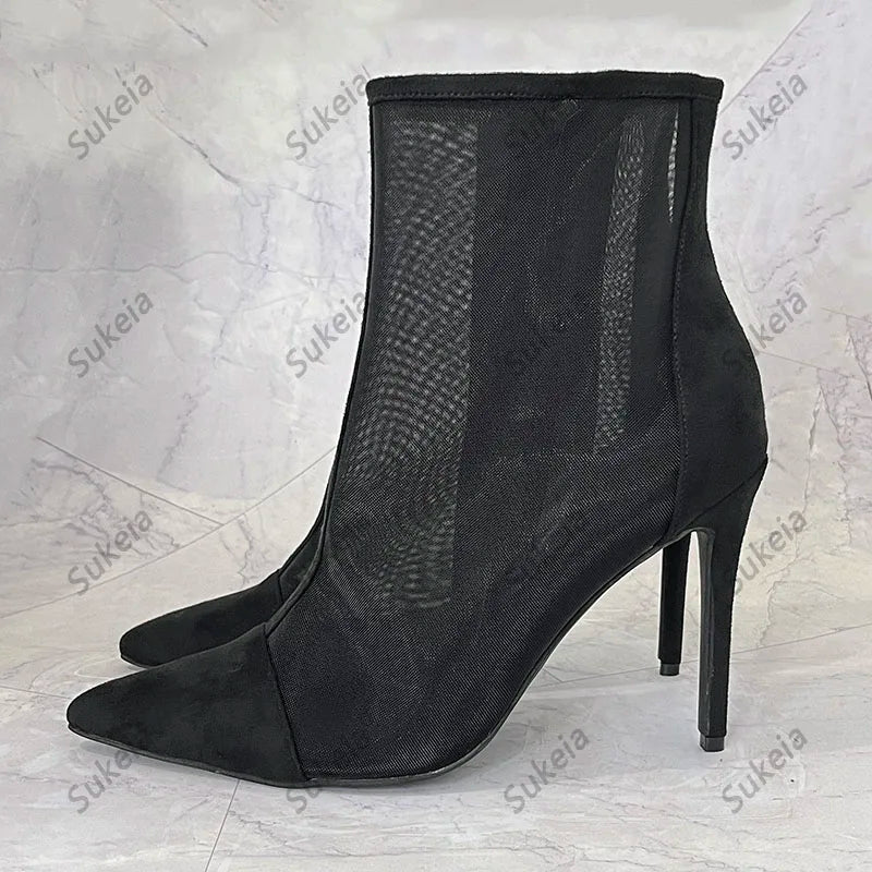 Sukeia Handmade Women Summer Ankle Boots Pointed Toe Sexy Stiletto Heels Pretty Black Casual Shoes Ladies US Plus Size 5-15