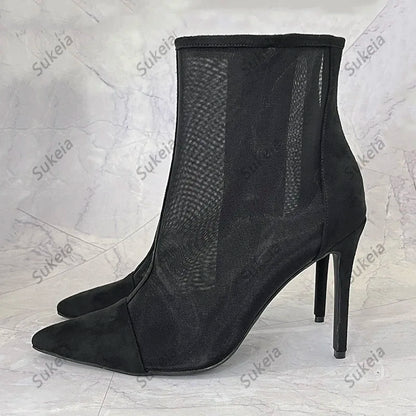 Sukeia Handmade Women Summer Ankle Boots Pointed Toe Sexy Stiletto Heels Pretty Black Casual Shoes Ladies US Plus Size 5-15