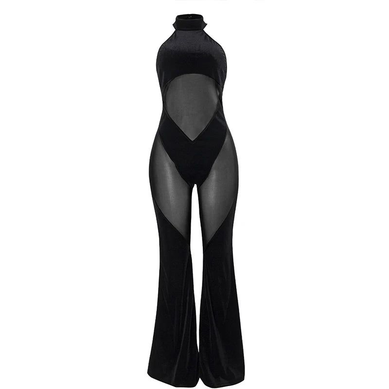 BKLD Women's Hanging Neck Sexy Solid Color Sleeveless Skinny Fashion High Waist Mesh Splicing Casual Jumpsuits Nightclub Outfits