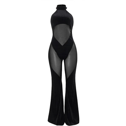 BKLD Women's Hanging Neck Sexy Solid Color Sleeveless Skinny Fashion High Waist Mesh Splicing Casual Jumpsuits Nightclub Outfits