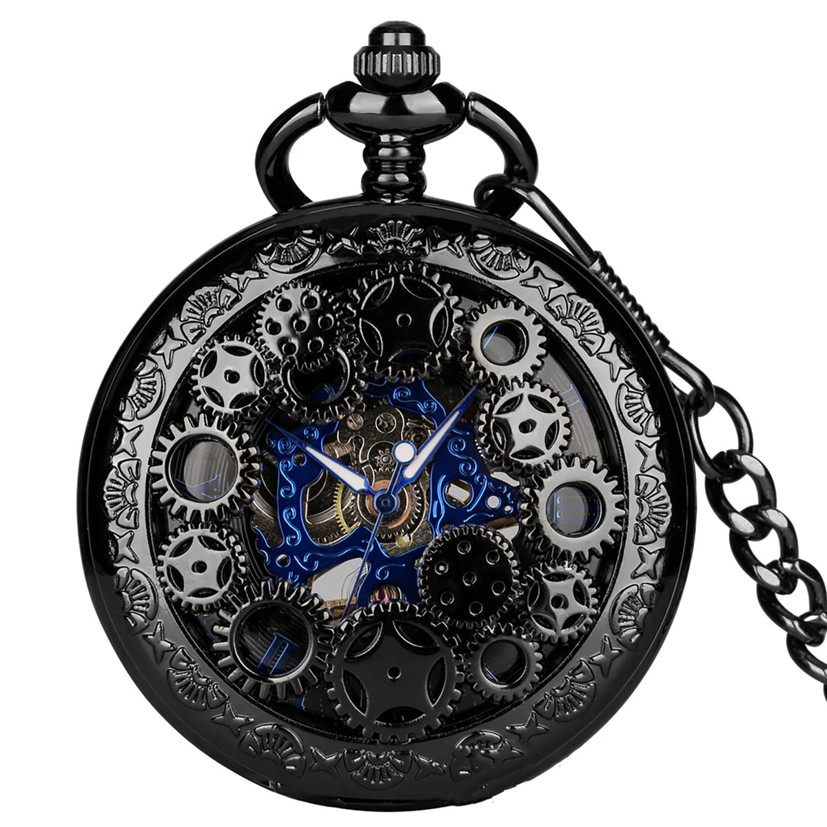 Manual Men's Mechanical Pocket Watch Hollow Design Roman Numerals Vintage Metal Pocket Watch Clock Chain Pendant Blue