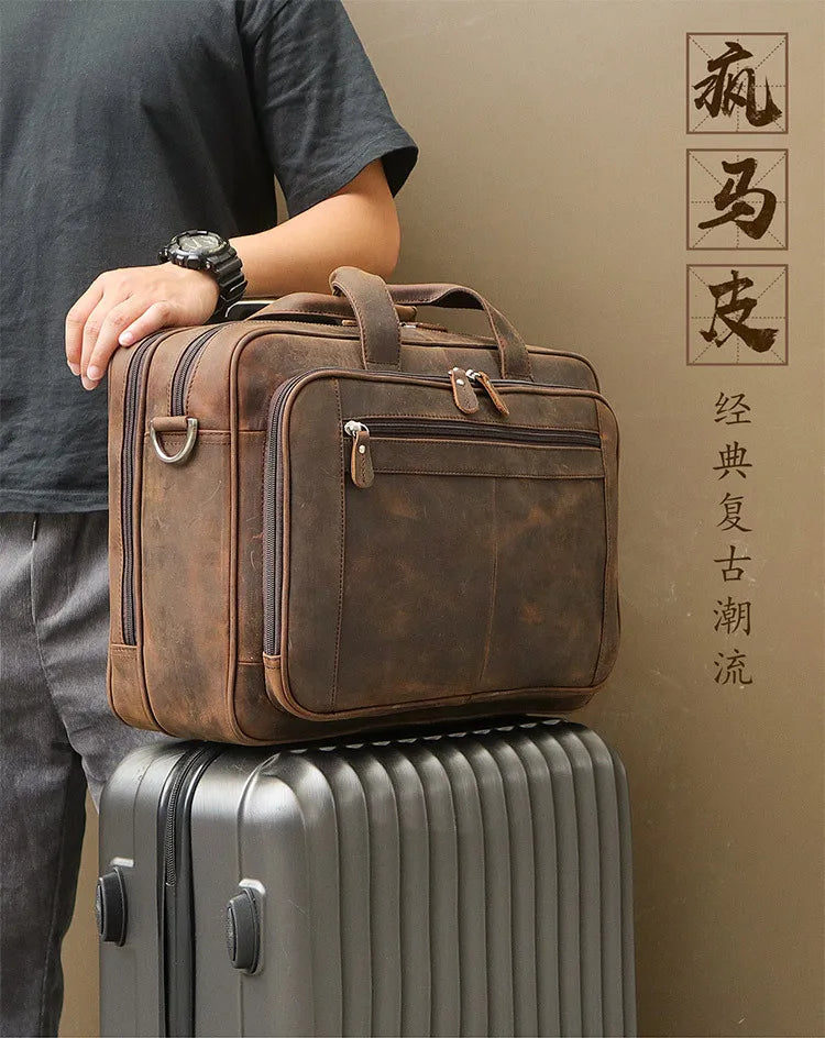 High Quality Genuine Leather Men Briefcase Business bag Crazy Horse Leather Large 17"inch Laptop Bag male Portfolio Office Case